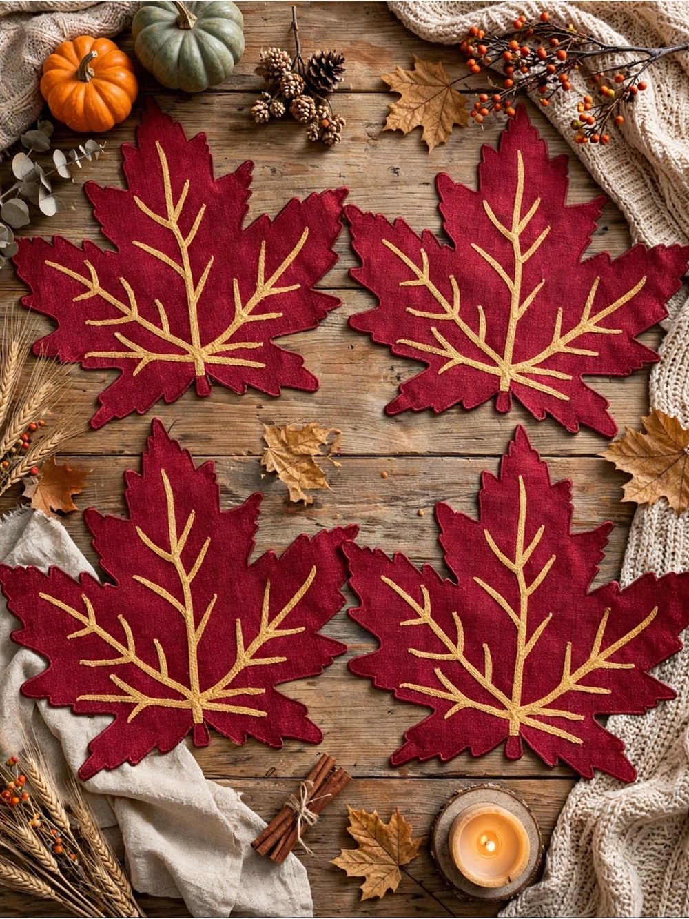 NWT Homewear Embroidered Autumn Red & Gold Maple Leaf Placemats - Set of 4